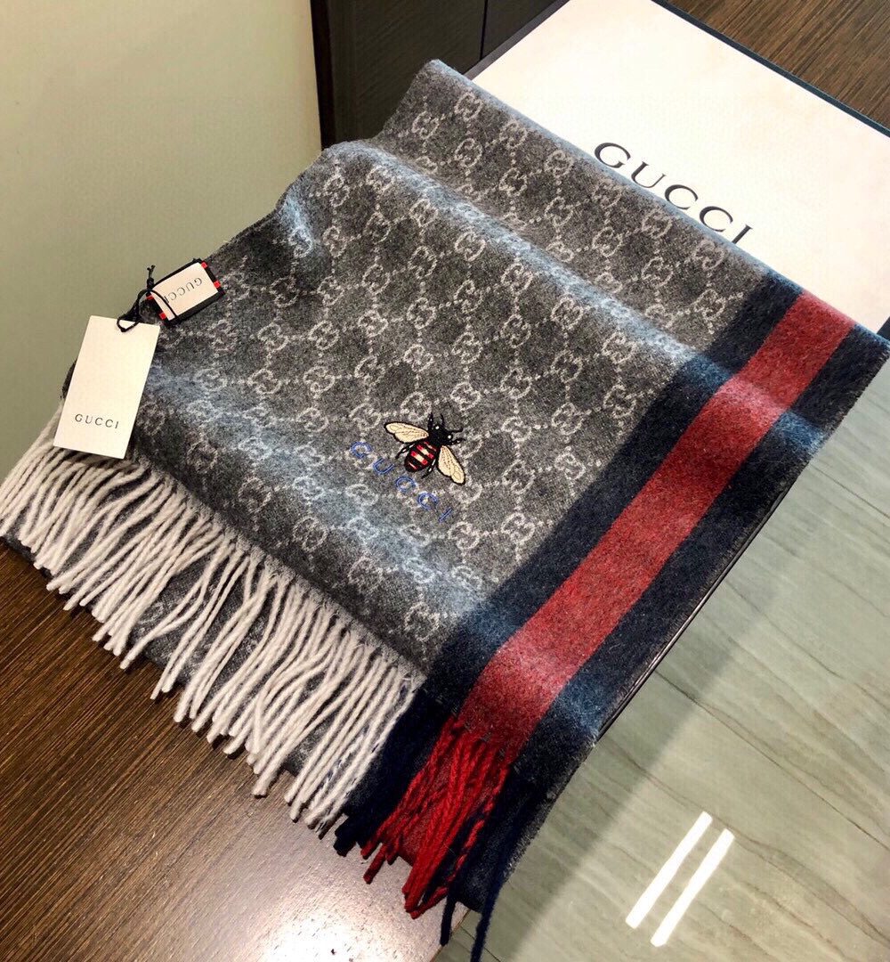 Gucci GG Wool Stole With Web Scarf Grey/Red 71in/180cm 