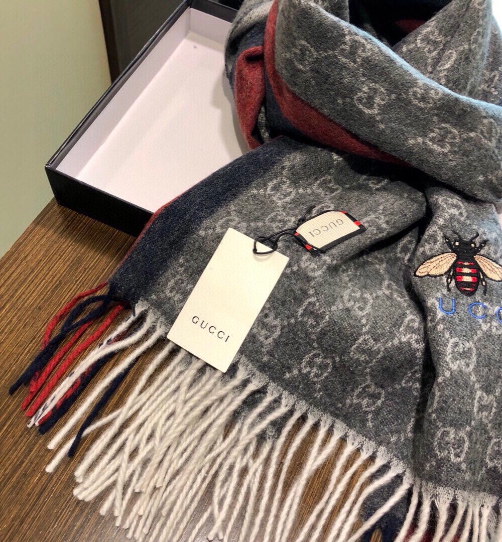Gucci GG Wool Stole With Web Scarf Grey/Red 71in/180cm 