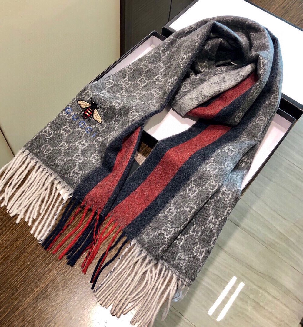 Gucci GG Wool Stole With Web Scarf Grey/Red 71in/180cm 