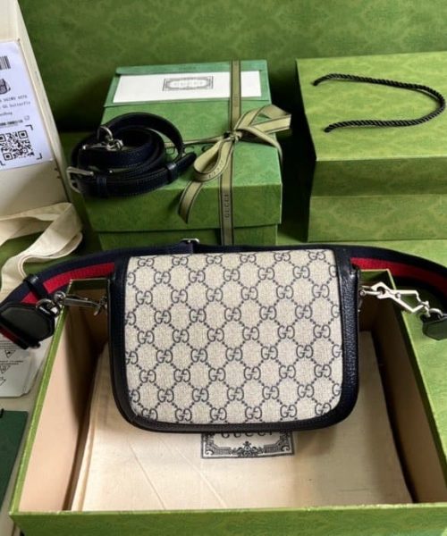 1:1 Replica Gucci Horsebit 1955 GG Mini Bag Beige And Blue Supreme Canvas For Women 8in/20cm 658574 96IWN 4076