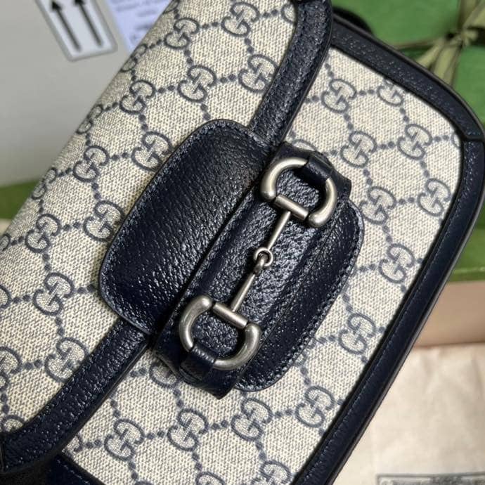 1:1 Replica Gucci Horsebit 1955 GG Mini Bag Beige And Blue Supreme Canvas For Women 8in/20cm 658574 96IWN 4076 - Image 7