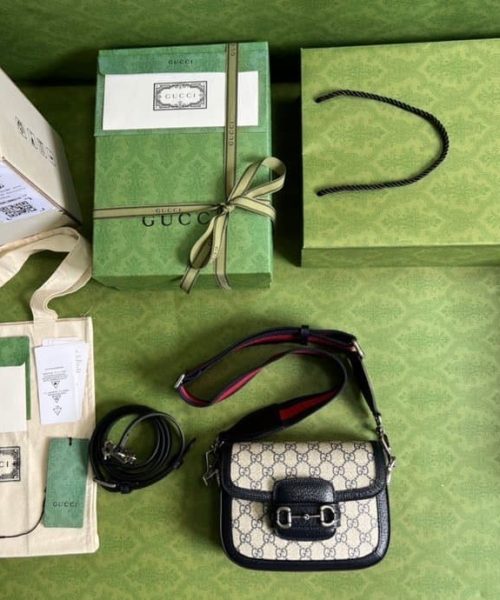 1:1 Replica Gucci Horsebit 1955 GG Mini Bag Beige And Blue Supreme Canvas For Women 8in/20cm 658574 96IWN 4076