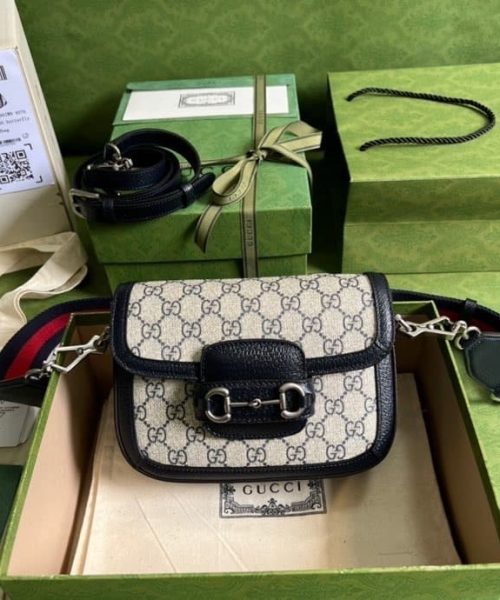 1:1 Replica Gucci Horsebit 1955 GG Mini Bag Beige And Blue Supreme Canvas For Women 8in/20cm 658574 96IWN 4076