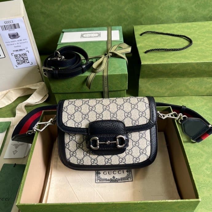 1:1 Replica Gucci Horsebit 1955 GG Mini Bag Beige And Blue Supreme Canvas For Women 8in/20cm 658574 96IWN 4076