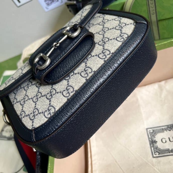 1:1 Replica Gucci Horsebit 1955 GG Mini Bag Beige And Blue Supreme Canvas For Women 8in/20cm 658574 96IWN 4076 - Image 6