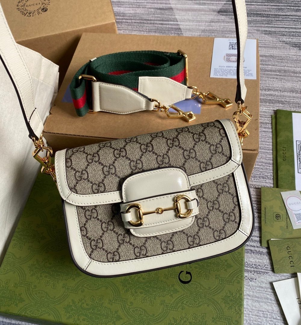 1:1 Replica Gucci Horsebit 1955 GG Mini Bag White For Women, Women's Bags 8in/21cm GG