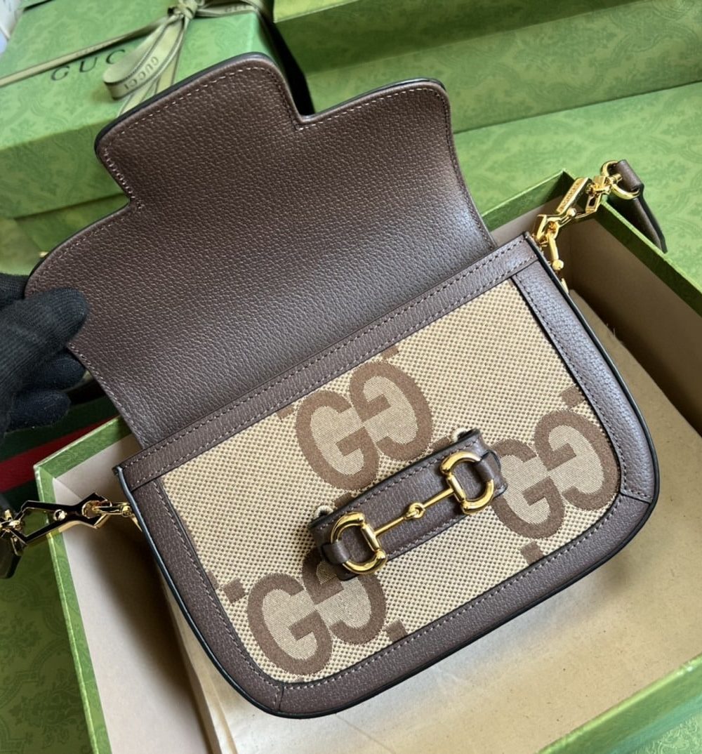 1:1 Replica Gucci Horsebit 1955 Jumbo Mini Bag Camel And Ebony Jumbo GG Canvas For Women 8in/21cm 658574 UKMDG 2570