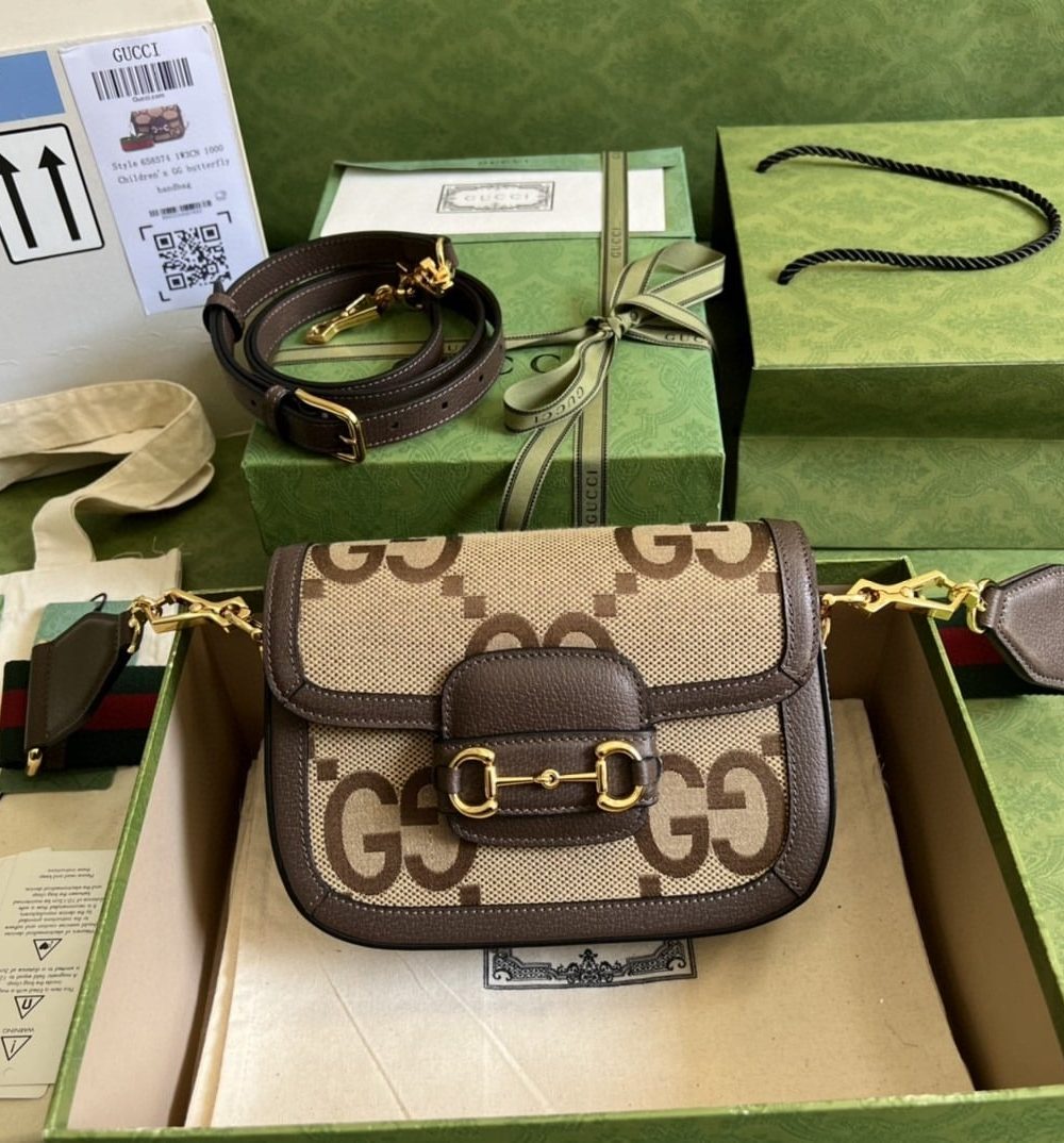 1:1 Replica Gucci Horsebit 1955 Jumbo Mini Bag Camel And Ebony Jumbo GG Canvas For Women 8in/21cm 658574 UKMDG 2570