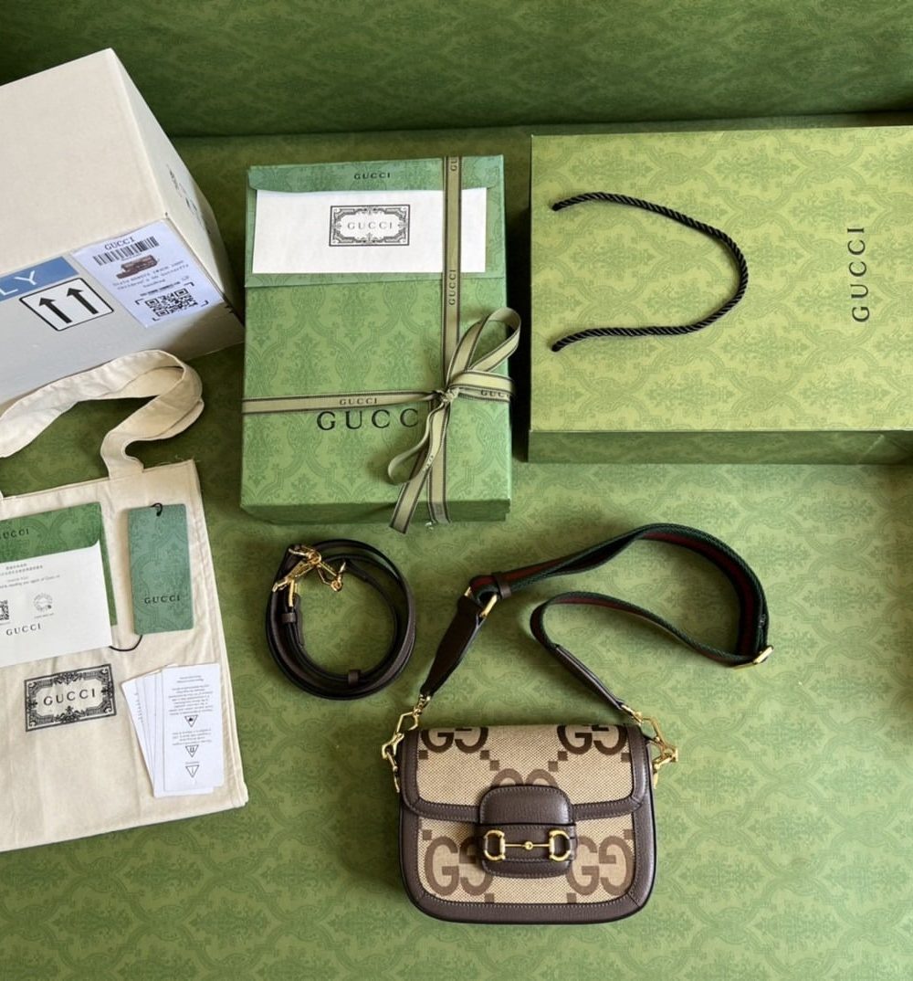 1:1 Replica Gucci Horsebit 1955 Jumbo Mini Bag Camel And Ebony Jumbo GG Canvas For Women 8in/21cm 658574 UKMDG 2570