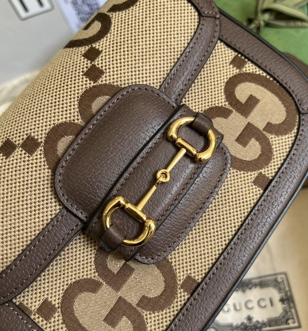 1:1 Replica Gucci Horsebit 1955 Jumbo Mini Bag Camel And Ebony Jumbo GG Canvas For Women 8in/21cm 658574 UKMDG 2570