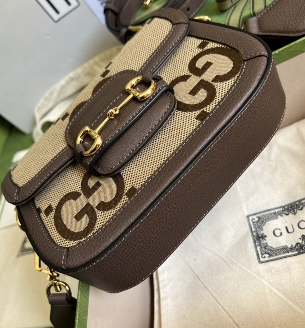 1:1 Replica Gucci Horsebit 1955 Jumbo Mini Bag Camel And Ebony Jumbo GG Canvas For Women 8in/21cm 658574 UKMDG 2570