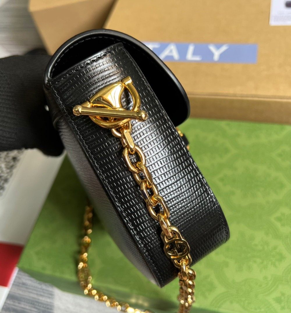 1:1 Replica Gucci Horsebit 1955 Lizard Mini Bag Black For Women, Women's Bags 8in/20cm GG