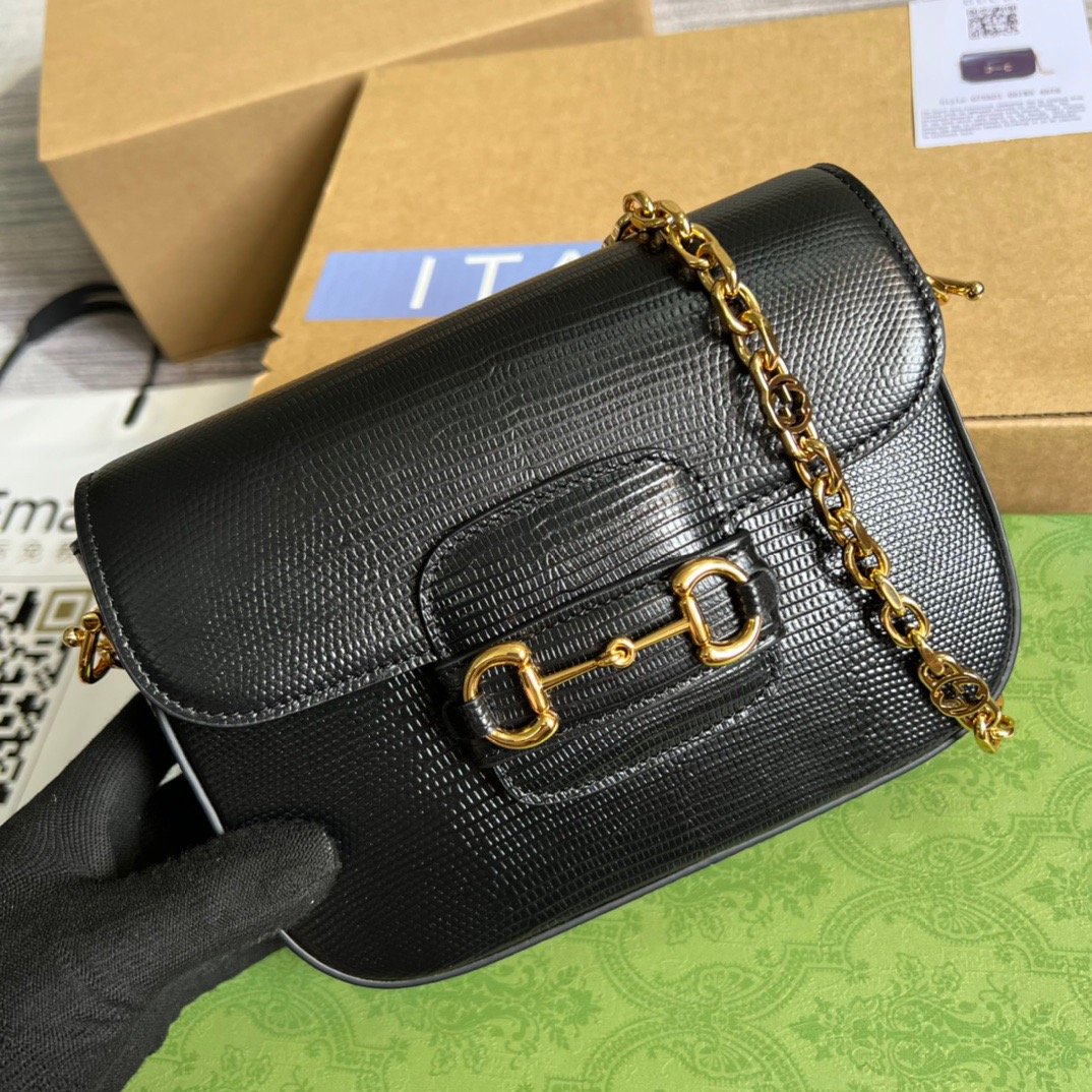 1:1 Replica Gucci Horsebit 1955 Lizard Mini Bag Black For Women, Women's Bags 8in/20cm GG - Image 8