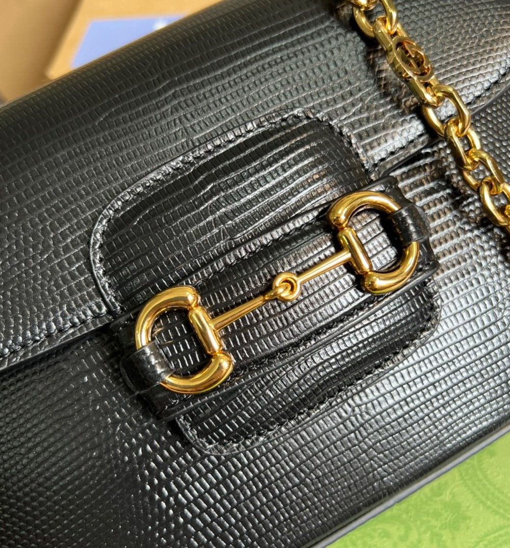 1:1 Replica Gucci Horsebit 1955 Lizard Mini Bag Black For Women, Women's Bags 8in/20cm GG