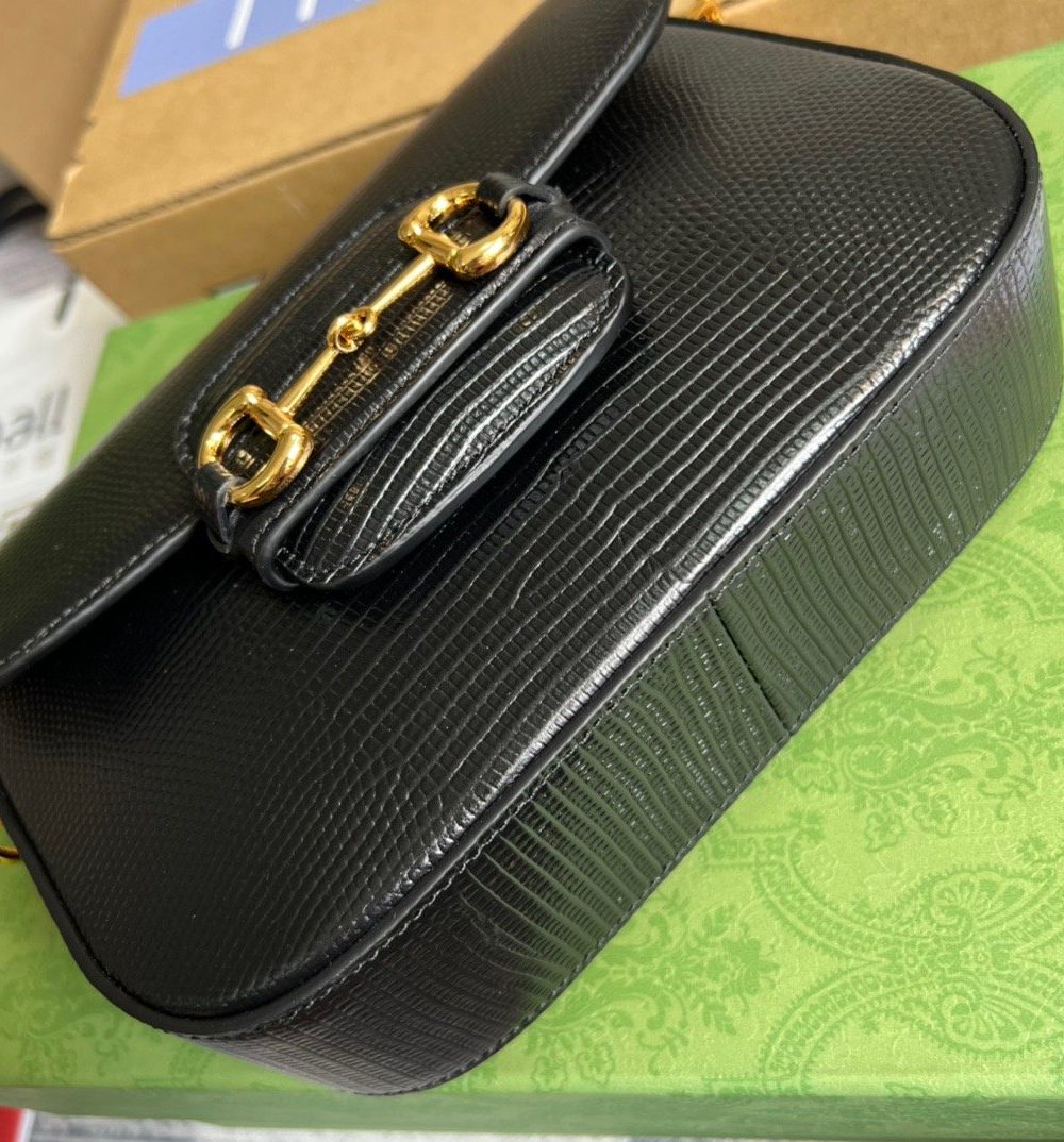 1:1 Replica Gucci Horsebit 1955 Lizard Mini Bag Black For Women, Women's Bags 8in/20cm GG