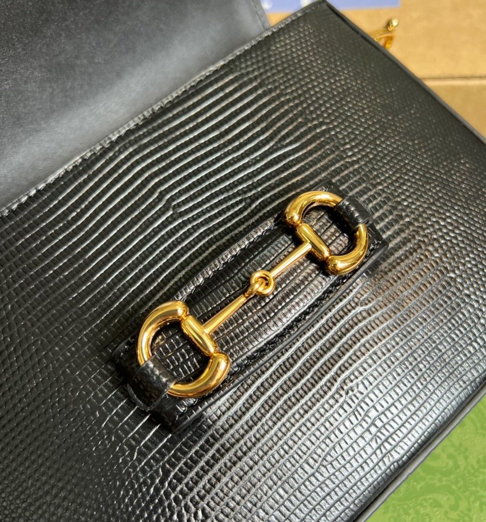 1:1 Replica Gucci Horsebit 1955 Lizard Mini Bag Black For Women, Women's Bags 8in/20cm GG