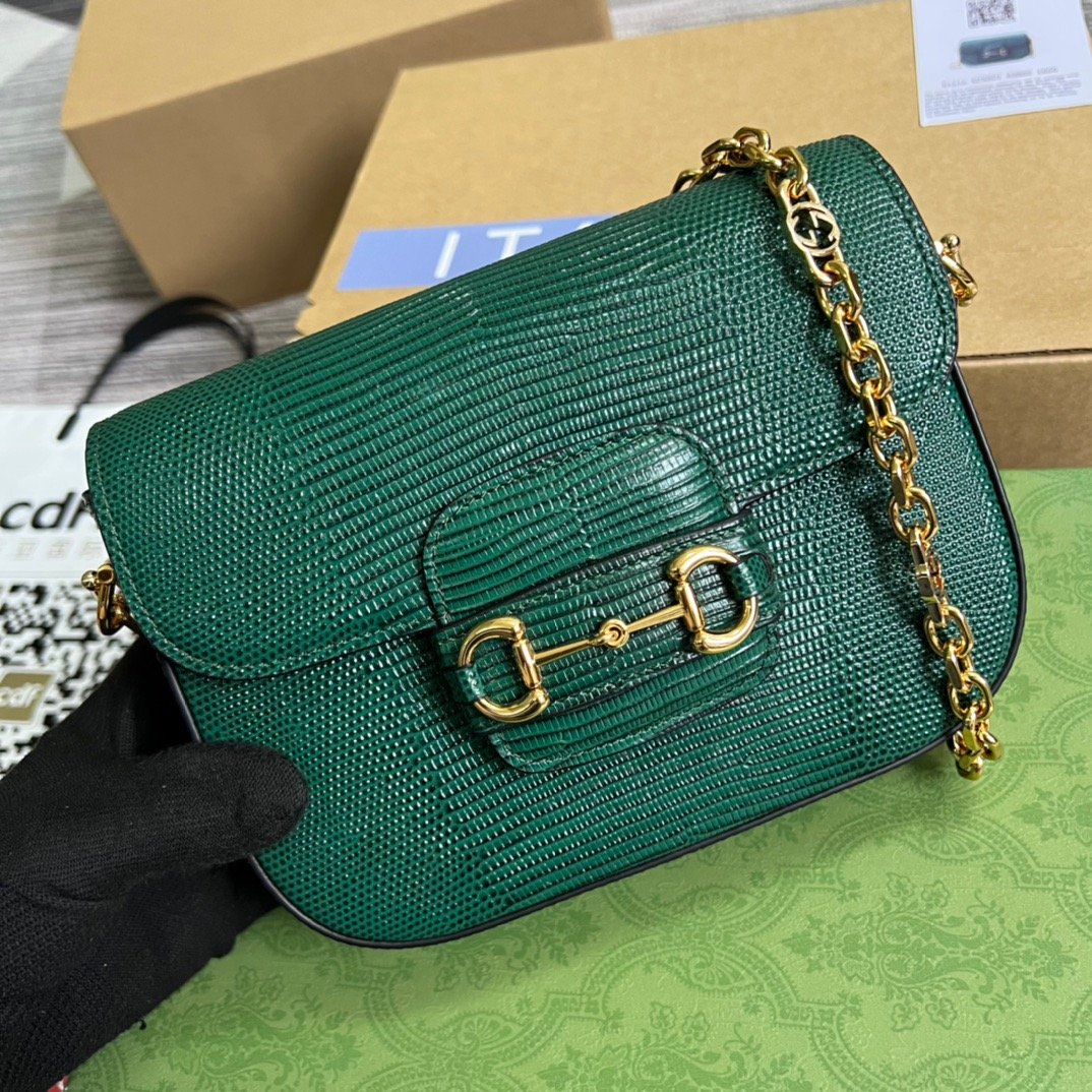 1:1 Replica Gucci Horsebit 1955 Lizard Mini Bag Green For Women, Women's Bags 8in/20cm GG 675801 LUZ0G 3154 - Image 3