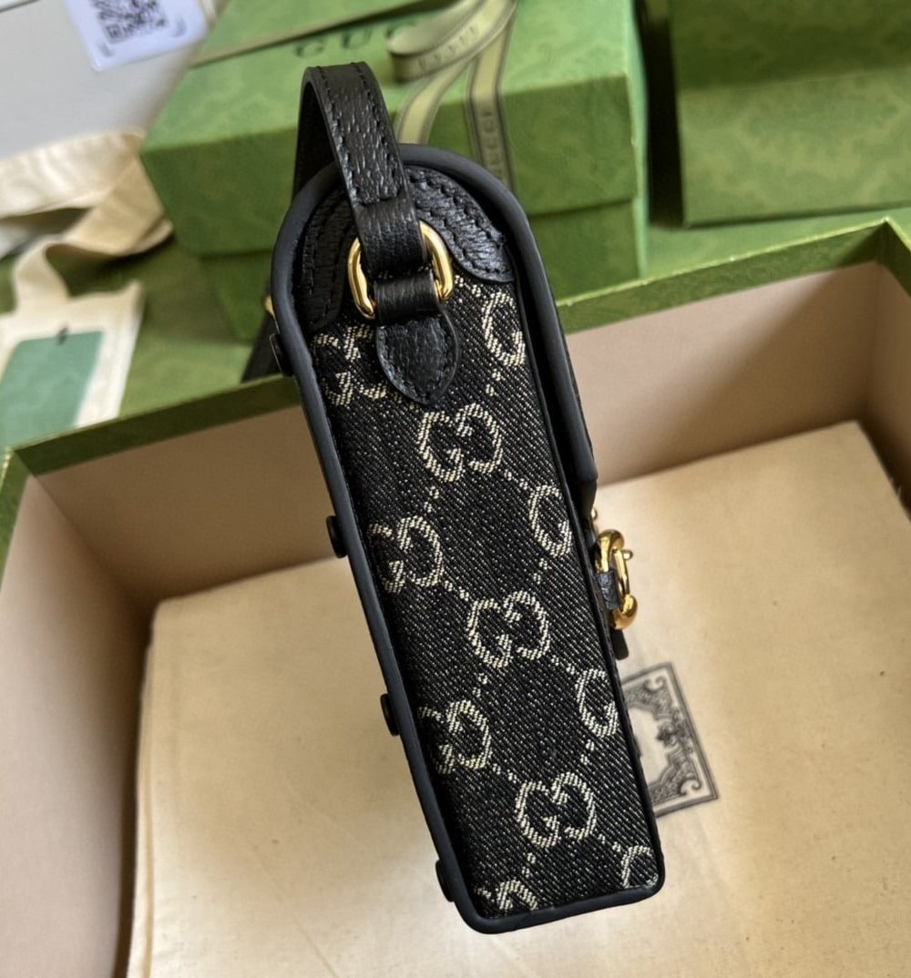 1:1 Replica Gucci Horsebit 1955 Mini Bag Black And Ivory GG Denim Jacquard For Women 6.7in/17cm 625615 UN3BG 1274
