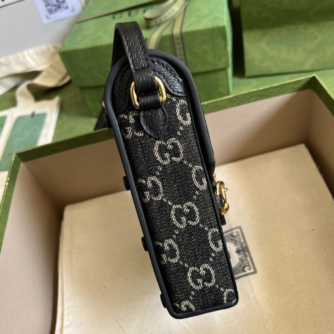 1:1 Replica Gucci Horsebit 1955 Mini Bag Black And Ivory GG Denim Jacquard For Women 6.7in/17cm 625615 UN3BG 1274 - Image 8