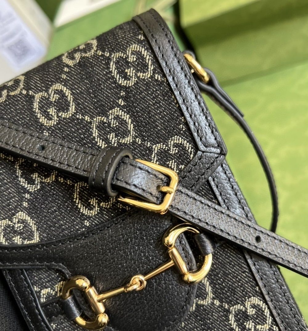 1:1 Replica Gucci Horsebit 1955 Mini Bag Black And Ivory GG Denim Jacquard For Women 6.7in/17cm 625615 UN3BG 1274