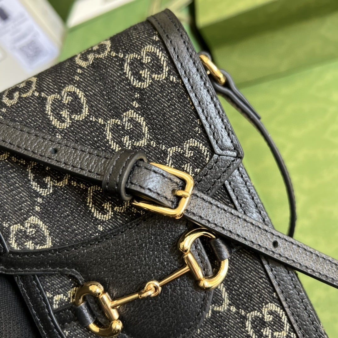 1:1 Replica Gucci Horsebit 1955 Mini Bag Black And Ivory GG Denim Jacquard For Women 6.7in/17cm 625615 UN3BG 1274 - Image 4