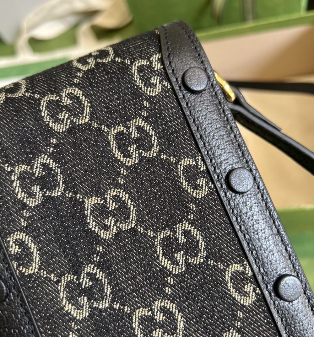 1:1 Replica Gucci Horsebit 1955 Mini Bag Black And Ivory GG Denim Jacquard For Women 6.7in/17cm 625615 UN3BG 1274