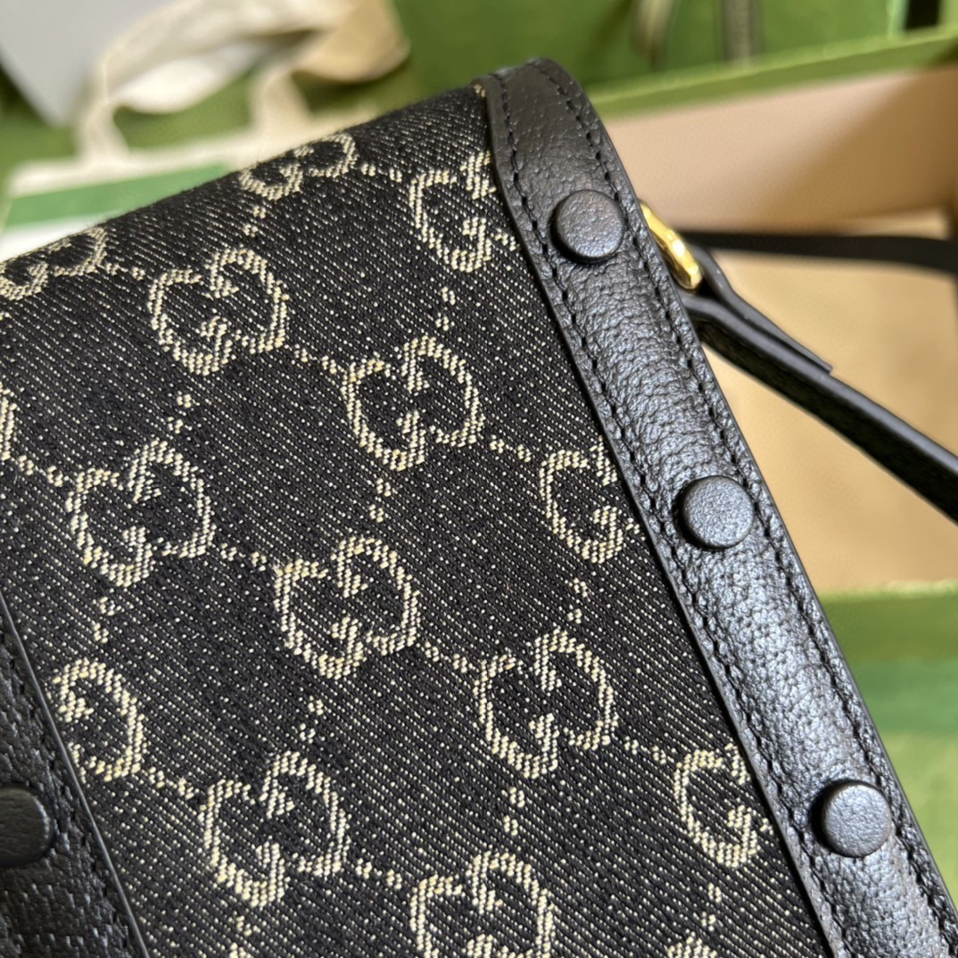 1:1 Replica Gucci Horsebit 1955 Mini Bag Black And Ivory GG Denim Jacquard For Women 6.7in/17cm 625615 UN3BG 1274 - Image 6