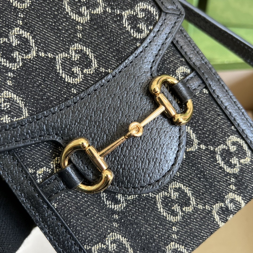 1:1 Replica Gucci Horsebit 1955 Mini Bag Black And Ivory GG Denim Jacquard For Women 6.7in/17cm 625615 UN3BG 1274 - Image 7