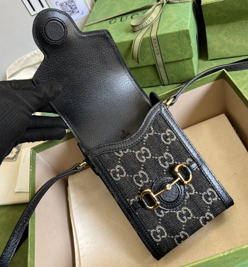 1:1 Replica Gucci Horsebit 1955 Mini Bag Black And Ivory GG Denim Jacquard For Women 6.7in/17cm 625615 UN3BG 1274