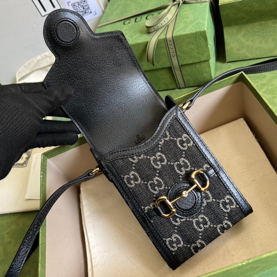1:1 Replica Gucci Horsebit 1955 Mini Bag Black And Ivory GG Denim Jacquard For Women 6.7in/17cm 625615 UN3BG 1274 - Image 5