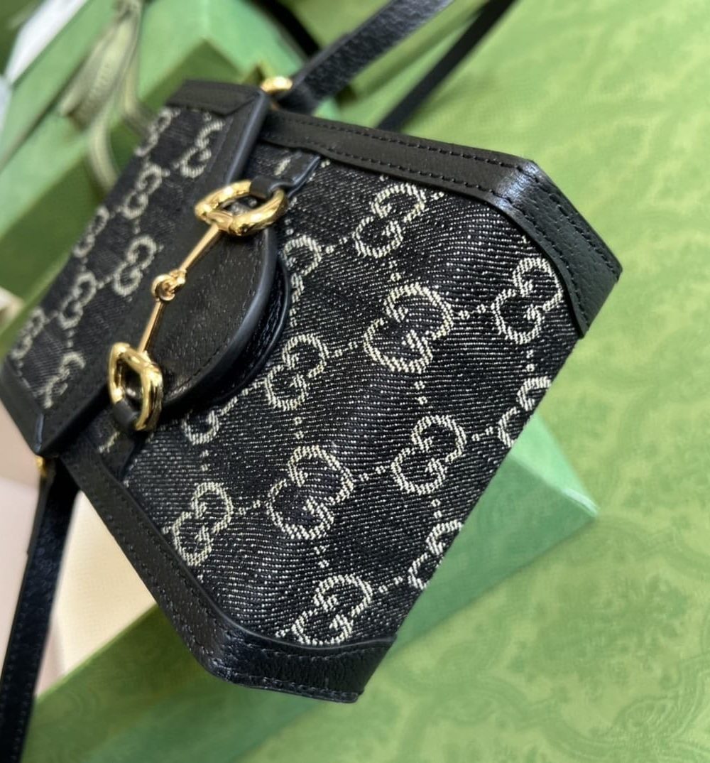 1:1 Replica Gucci Horsebit 1955 Mini Bag Black And Ivory GG Denim Jacquard For Women 6.7in/17cm 625615 UN3BG 1274