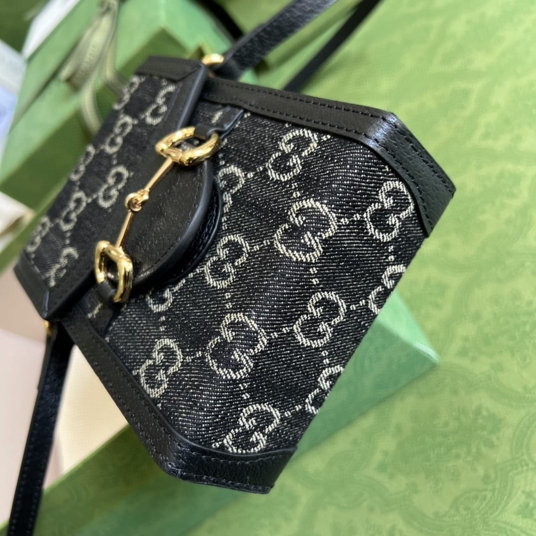 1:1 Replica Gucci Horsebit 1955 Mini Bag Black And Ivory GG Denim Jacquard For Women 6.7in/17cm 625615 UN3BG 1274 - Image 2