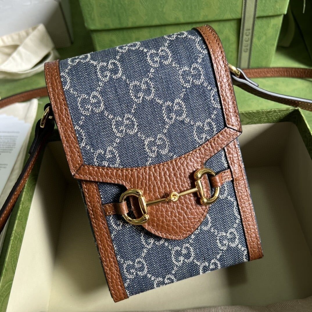 1:1 Replica Gucci Horsebit 1955 Mini Bag Blue And Ivory GG Denim Jacquard For Women 6.7in/17cm 625615 2KQGG 8375