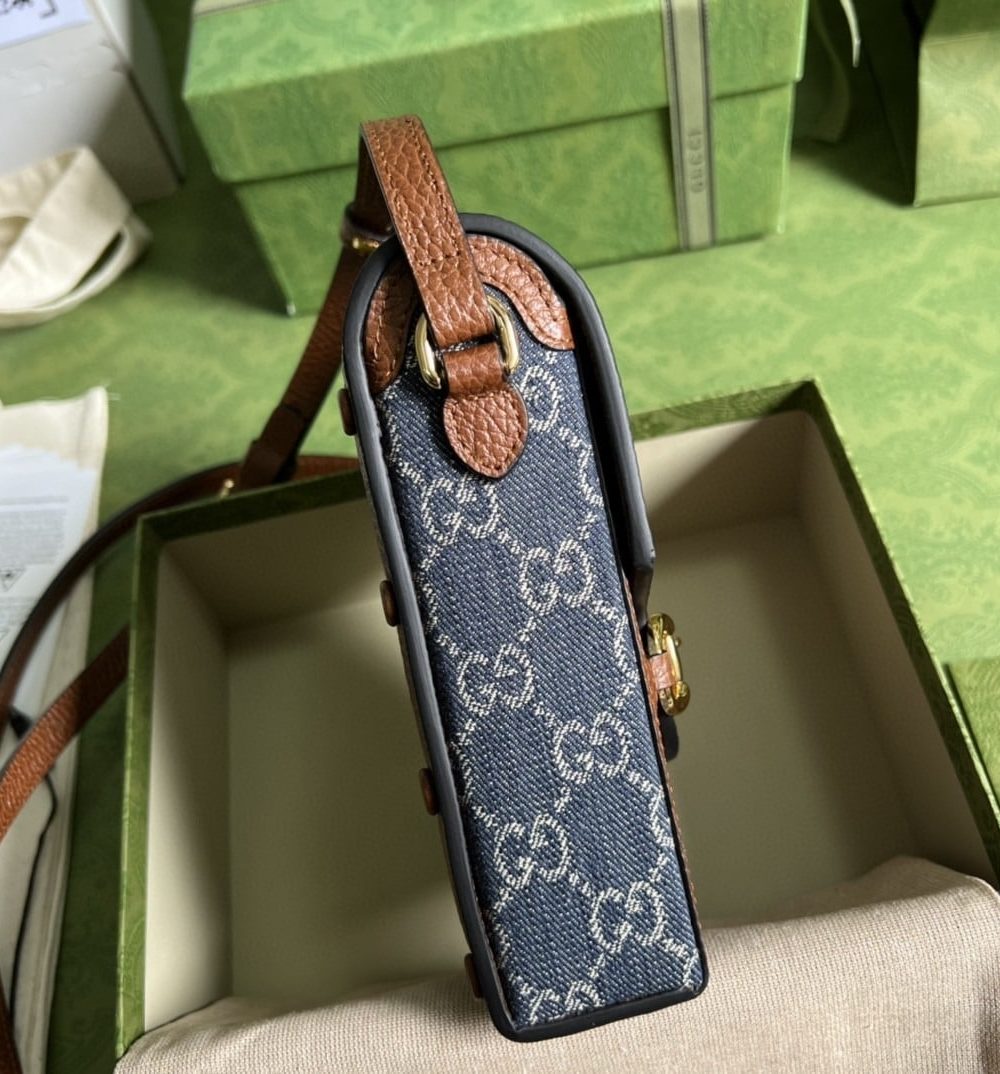 1:1 Replica Gucci Horsebit 1955 Mini Bag Blue And Ivory GG Denim Jacquard For Women 6.7in/17cm 625615 2KQGG 8375