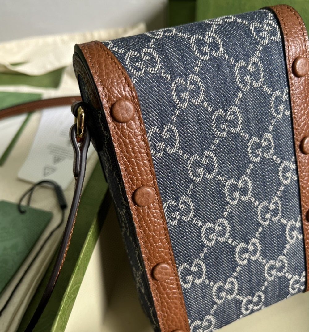 1:1 Replica Gucci Horsebit 1955 Mini Bag Blue And Ivory GG Denim Jacquard For Women 6.7in/17cm 625615 2KQGG 8375