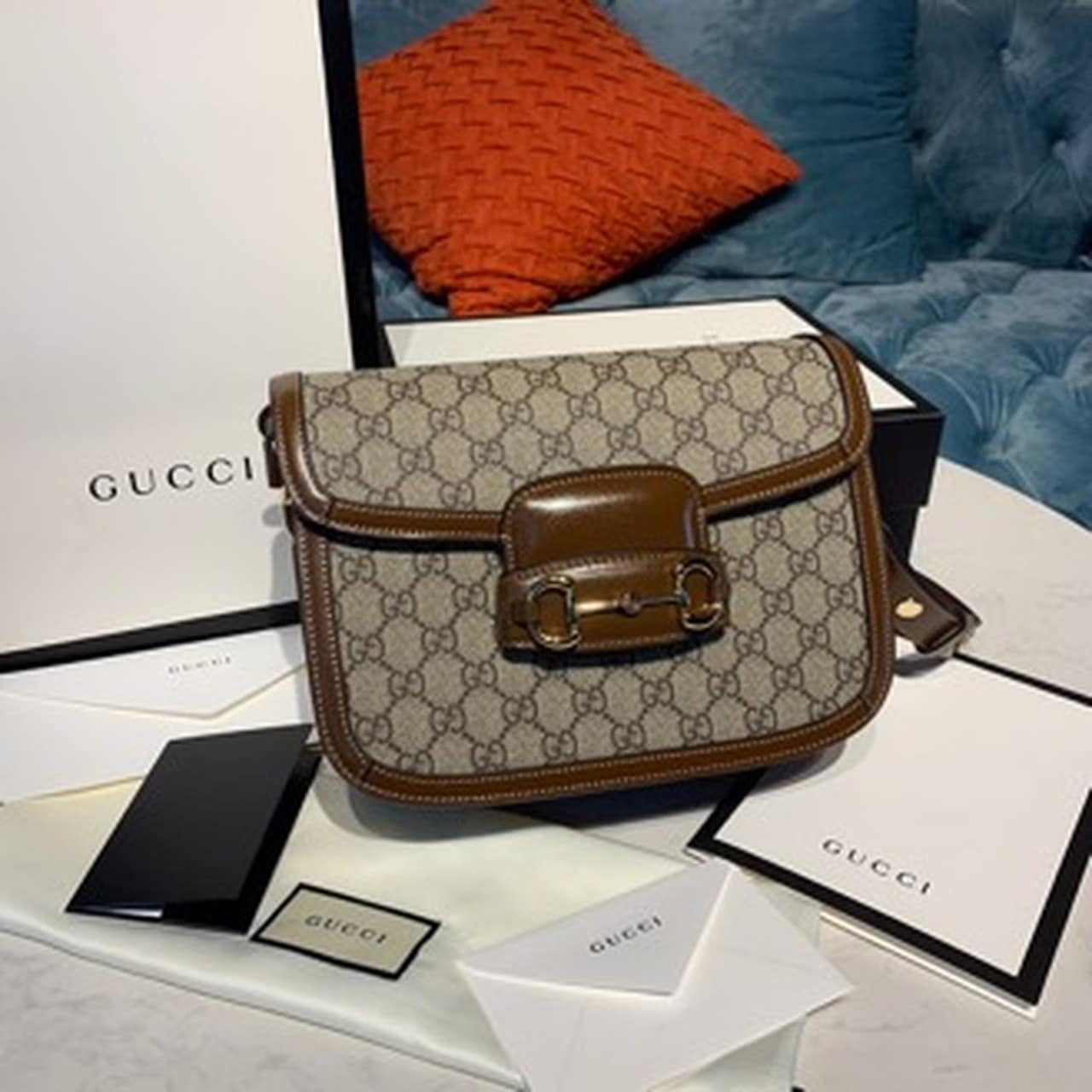 1:1 Replica Gucci Horsebit 1955 Shoulder Bag Beige/Ebony GG Supreme Canvas With Brown For Women 9.8in/25cm GG 602204 92TCG 8563