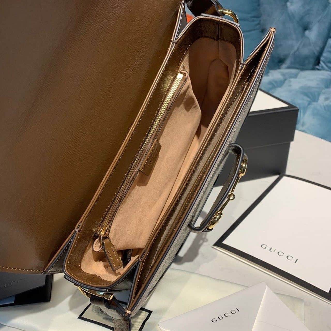 1:1 Replica Gucci Horsebit 1955 Shoulder Bag Beige/Ebony GG Supreme Canvas With Brown For Women 9.8in/25cm GG 602204 92TCG 8563 - Image 9