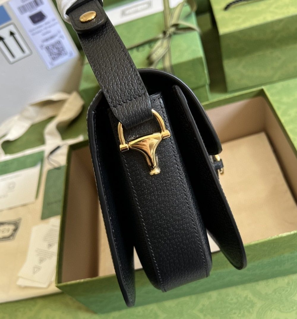 1:1 Replica Gucci Horsebit 1955 Shoulder Bag Black And Ivory GG Denim Jacquard For Women 9.8in/25cm 602204 UN3BG 1274