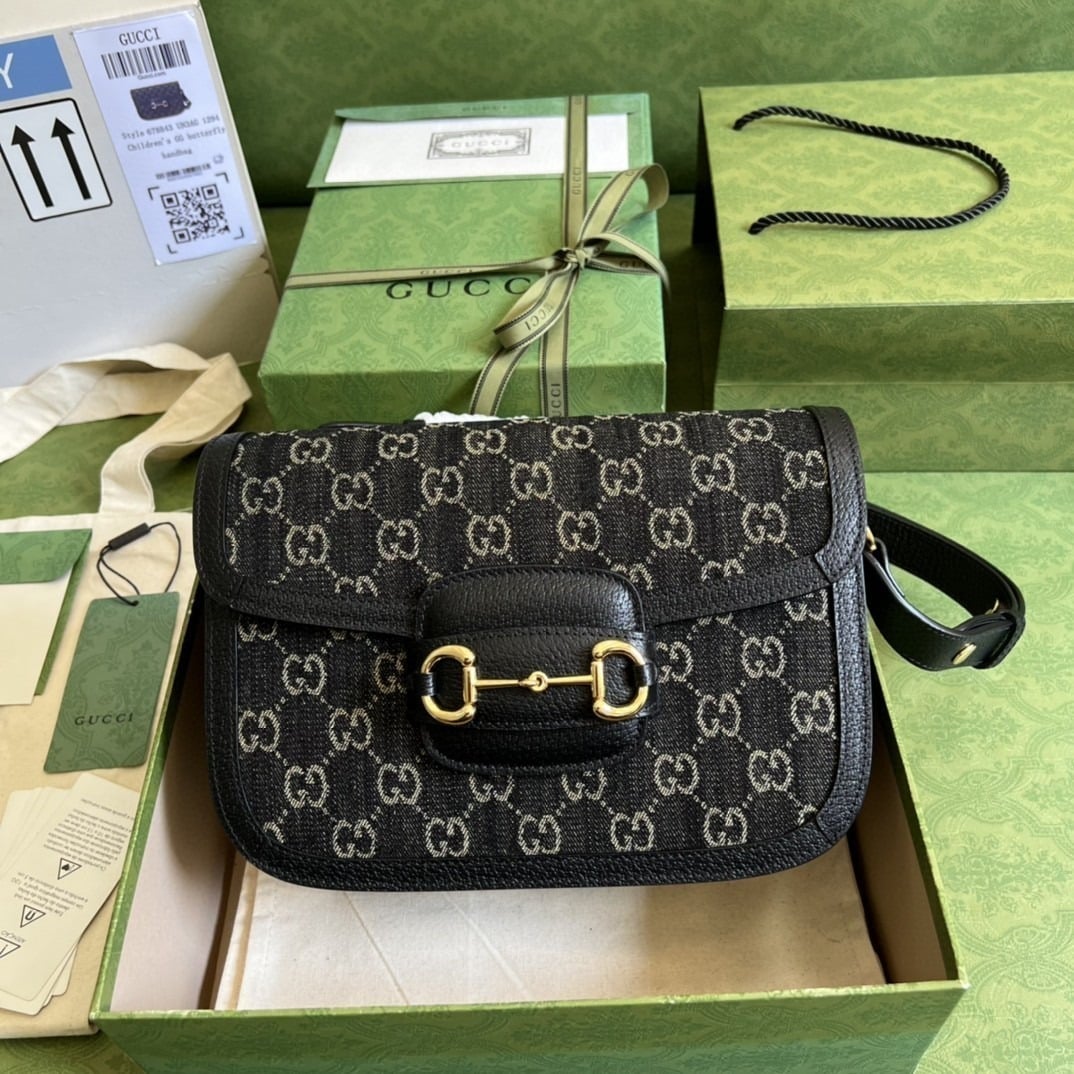 1:1 Replica Gucci Horsebit 1955 Shoulder Bag Black And Ivory GG Denim Jacquard For Women 9.8in/25cm 602204 UN3BG 1274