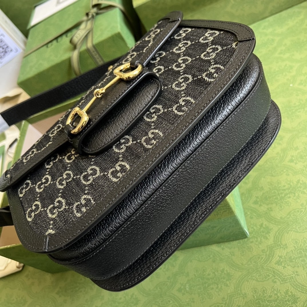 1:1 Replica Gucci Horsebit 1955 Shoulder Bag Black And Ivory GG Denim Jacquard For Women 9.8in/25cm 602204 UN3BG 1274 - Image 5
