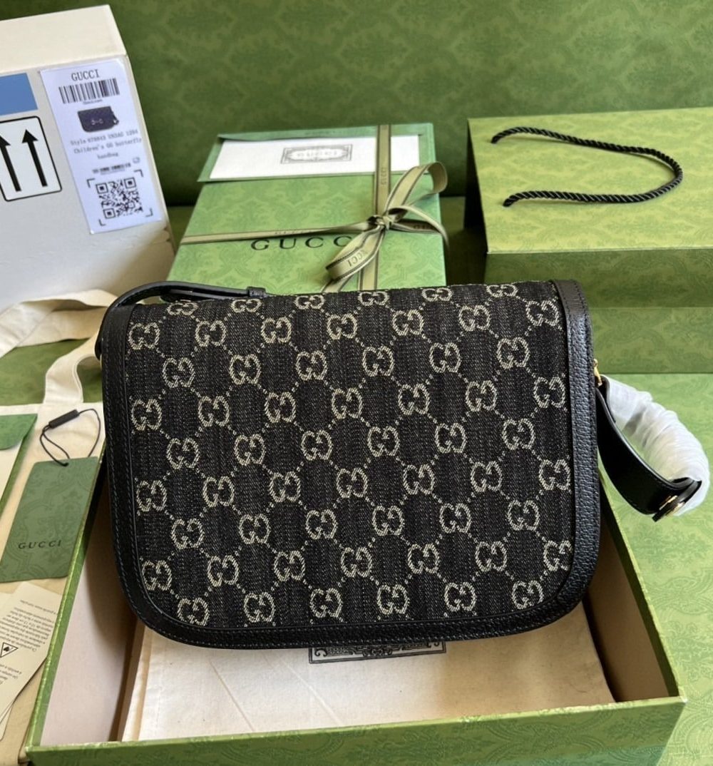 1:1 Replica Gucci Horsebit 1955 Shoulder Bag Black And Ivory GG Denim Jacquard For Women 9.8in/25cm 602204 UN3BG 1274