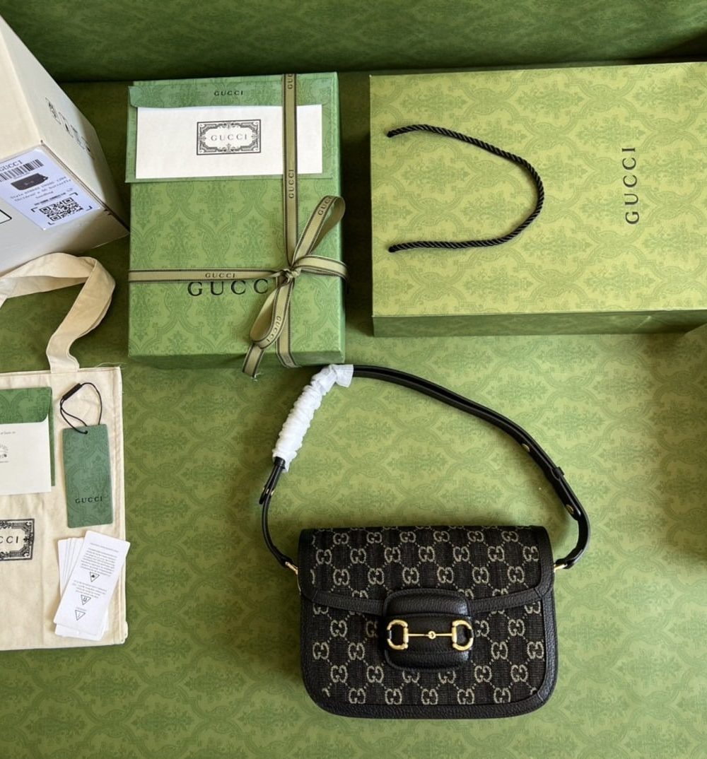 1:1 Replica Gucci Horsebit 1955 Shoulder Bag Black And Ivory GG Denim Jacquard For Women 9.8in/25cm 602204 UN3BG 1274