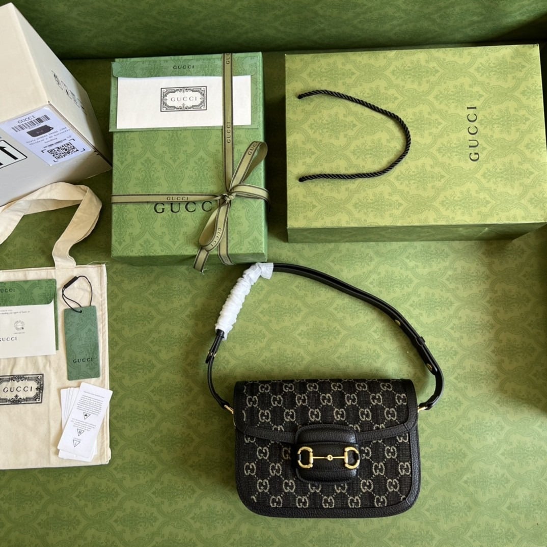 1:1 Replica Gucci Horsebit 1955 Shoulder Bag Black And Ivory GG Denim Jacquard For Women 9.8in/25cm 602204 UN3BG 1274 - Image 3