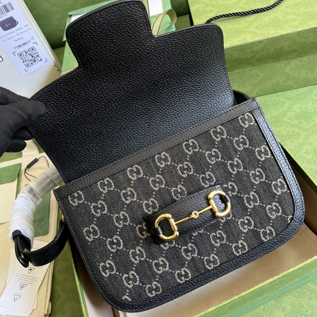 1:1 Replica Gucci Horsebit 1955 Shoulder Bag Black And Ivory GG Denim Jacquard For Women 9.8in/25cm 602204 UN3BG 1274 - Image 4