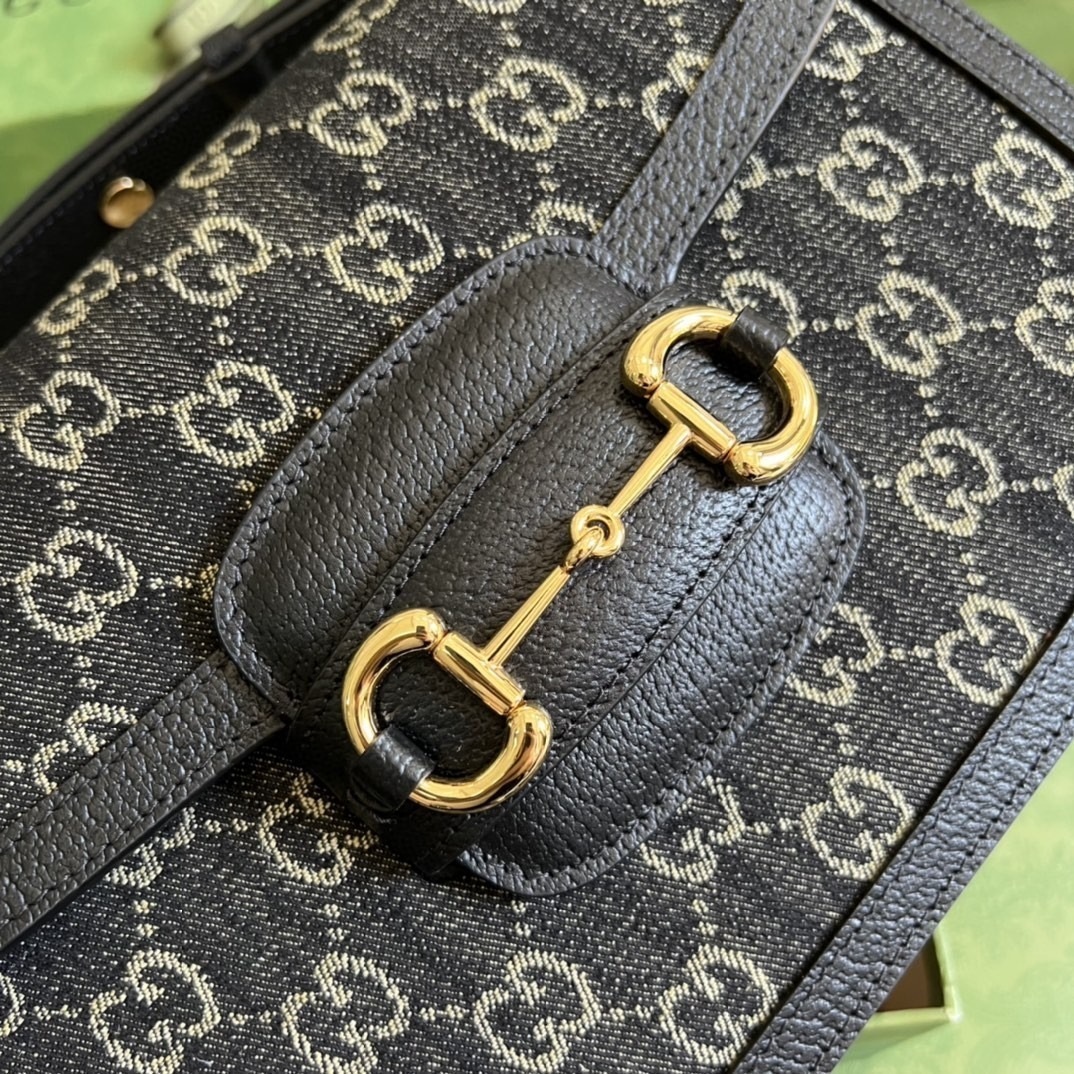 1:1 Replica Gucci Horsebit 1955 Shoulder Bag Black And Ivory GG Denim Jacquard For Women 9.8in/25cm 602204 UN3BG 1274 - Image 2