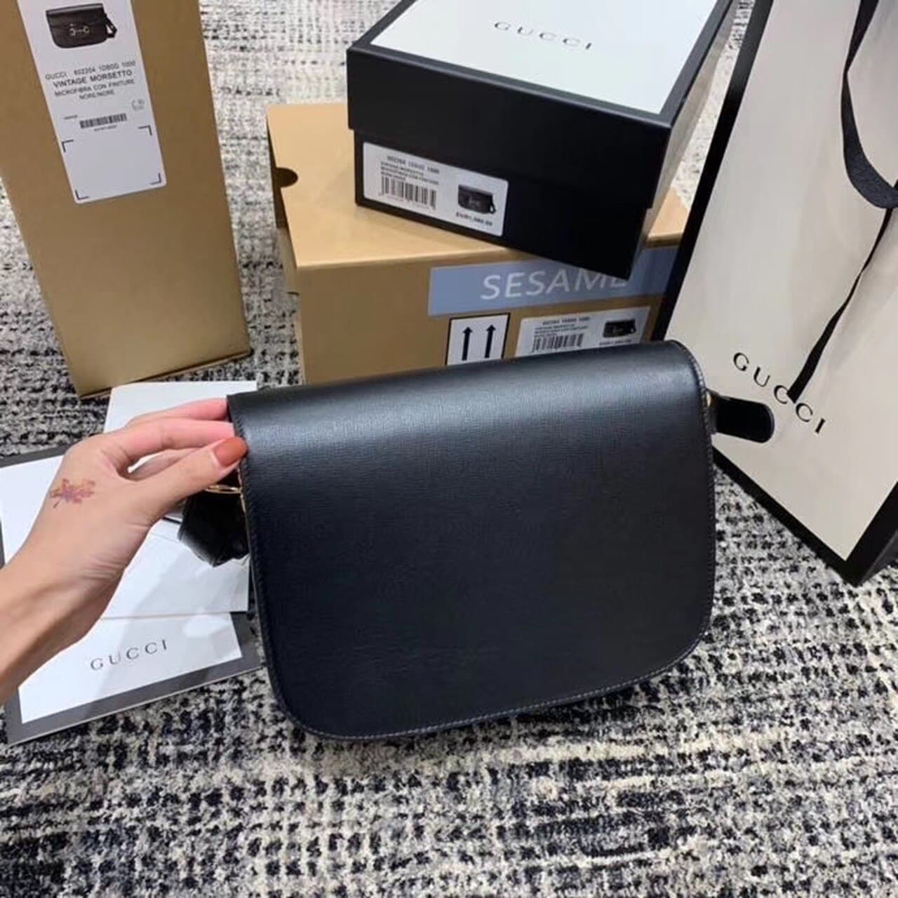 1:1 Replica Gucci Horsebit 1955 Shoulder Bag Black Textured With A Vintage Effect For Women 9.8in/25cm GG 602204 1DB0G 1000 - Image 6