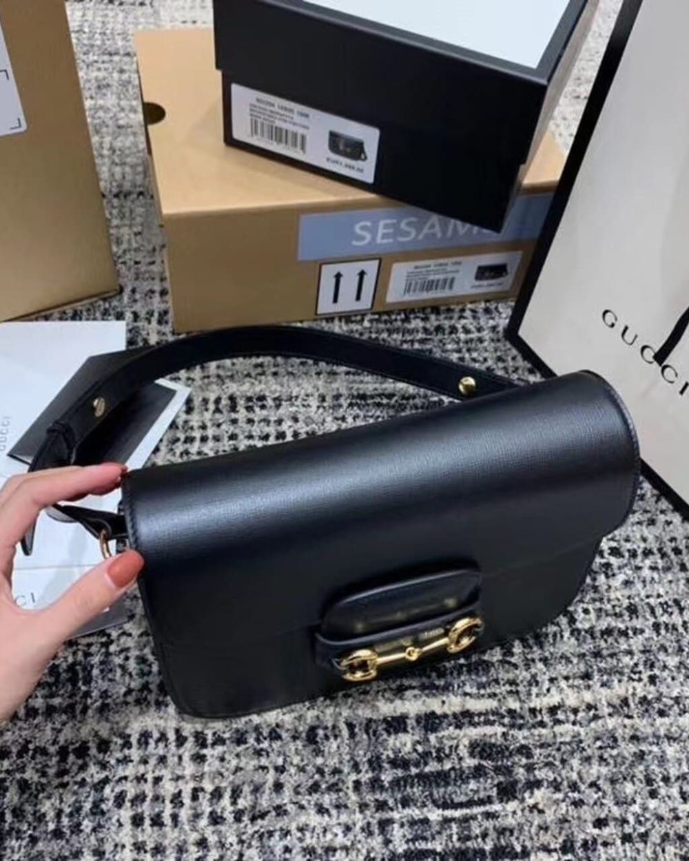 1:1 Replica Gucci Horsebit 1955 Shoulder Bag Black Textured With A Vintage Effect For Women 9.8in/25cm GG ‎602204 1DB0G 1000