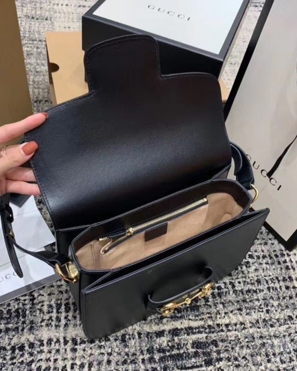 1:1 Replica Gucci Horsebit 1955 Shoulder Bag Black Textured With A Vintage Effect For Women 9.8in/25cm GG ‎602204 1DB0G 1000