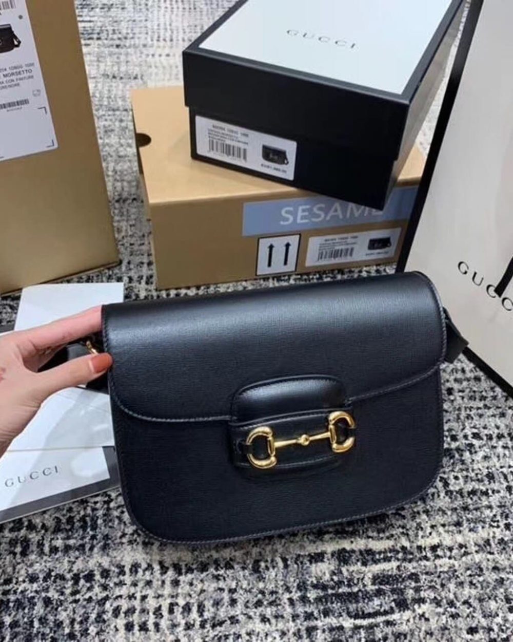 1:1 Replica Gucci Horsebit 1955 Shoulder Bag Black Textured With A Vintage Effect For Women 9.8in/25cm GG ‎602204 1DB0G 1000