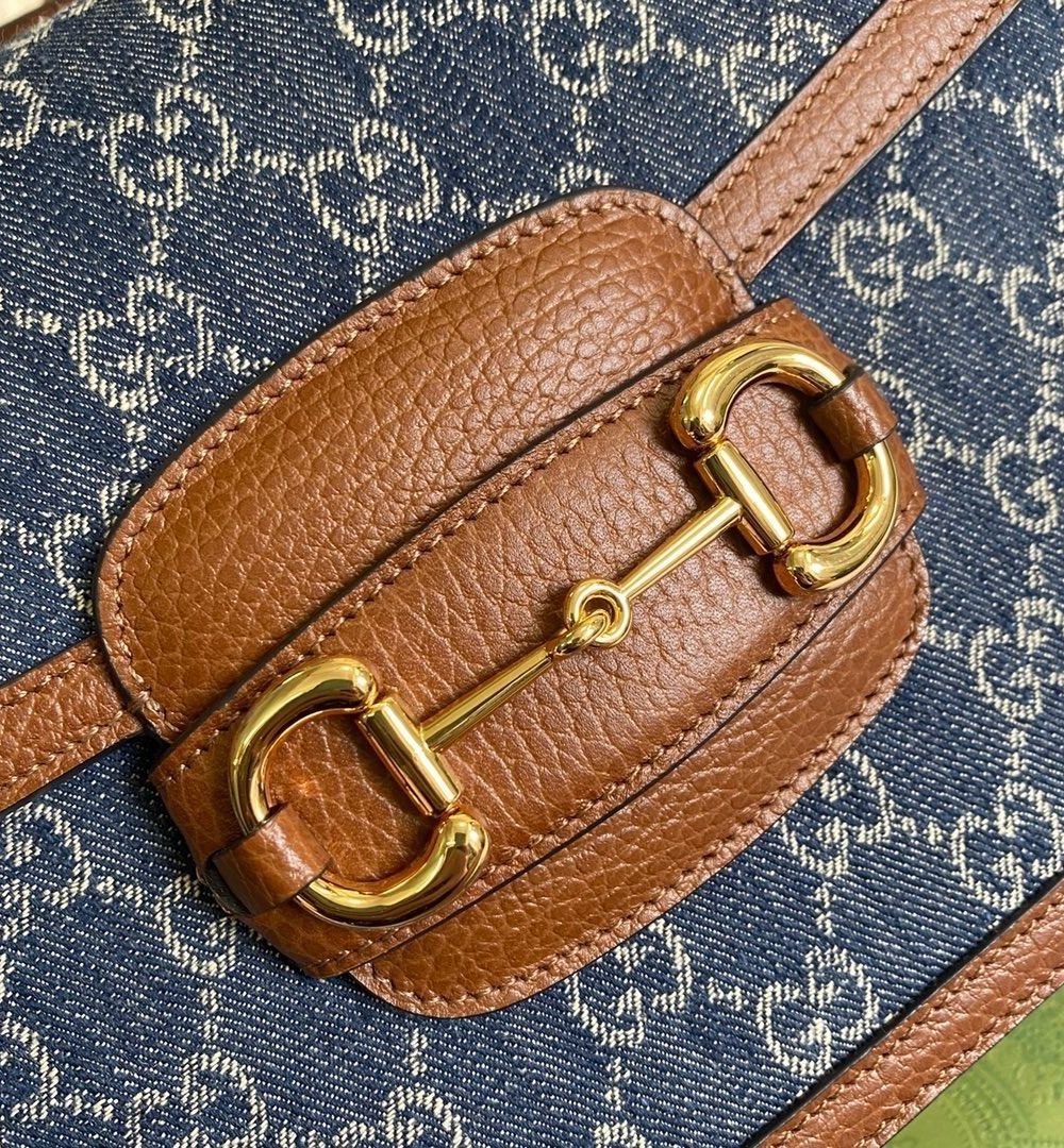 1:1 Replica Gucci Horsebit 1955 Shoulder Bag Blue And Ivory For Women, Women's Bags 9.8in/25cm GG